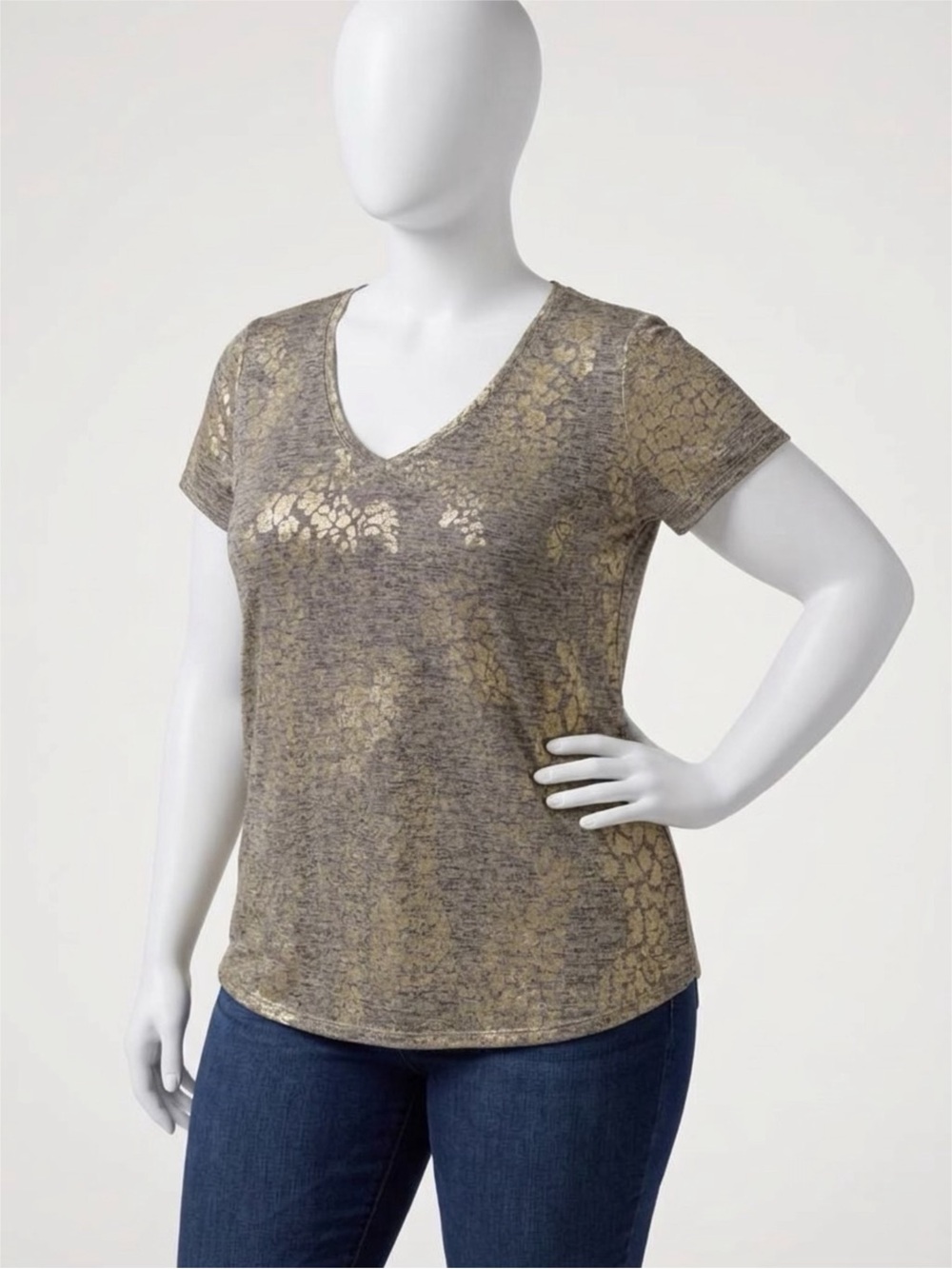 Women’s Short Sleeve Metallic Gold Print V-Neck Tee White House Black Market